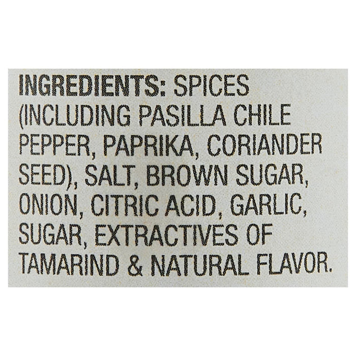 ['A list of ingredients for a spice blend, including pasilla chile pepper, paprika, coriander seed, salt, brown sugar, onion, citric acid, garlic, sugar, extractives of tamarind and natural flavor.']