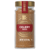 A glass jar of McCormick Gourmet Celery Seed.