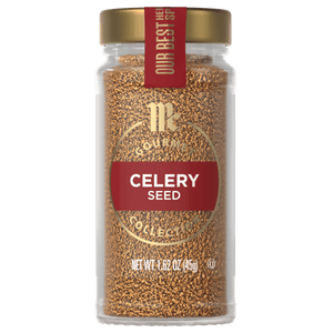 A glass jar of McCormick Gourmet Celery Seed.