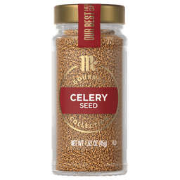 A glass jar of McCormick Gourmet Celery Seed.