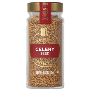 A glass jar of McCormick Gourmet Celery Seed.
