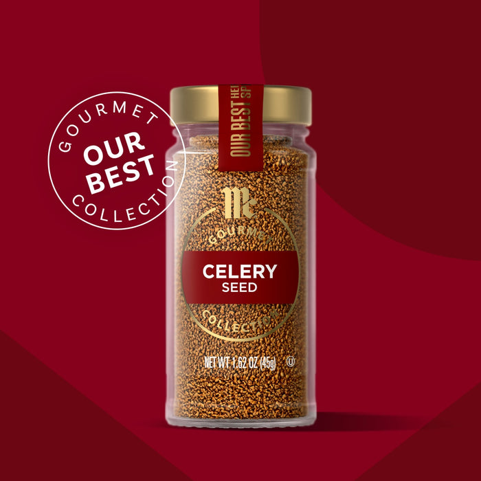 A jar of Ceylon Celery Seed from McCormick Gourmet Our Best Collection is displayed against a red background.