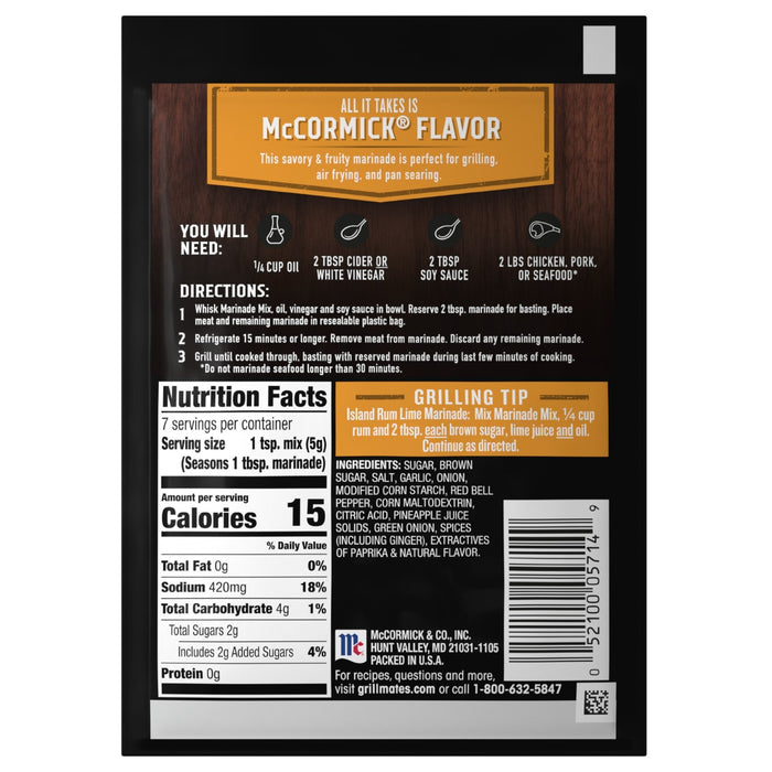 ['McCormick Island Rum Lime Marinade nutrition facts and grilling tips.']
