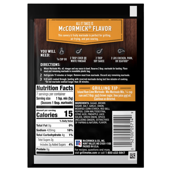 A black and orange package of Mccormick Grill Mates Hawaiian Style Bbq Meat Marinade Mix 1.25 Oz, featuring preparation instructions, nutrition facts, and ingredients.