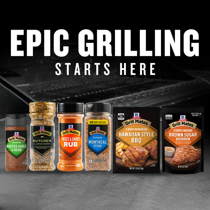A variety of McCormick Grill Mates seasonings and marinades are displayed under the text Epic Grilling Starts Here.