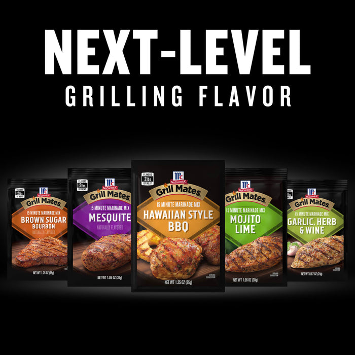 A variety of McCormick Grill Mates 15-minute marinade mixes are displayed with the text Next-Level Grilling Flavor.