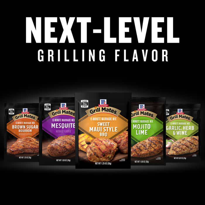 A variety of McCormick Grill Mates 15-minute marinade mixes are displayed with the text Next-Level Grilling Flavor.