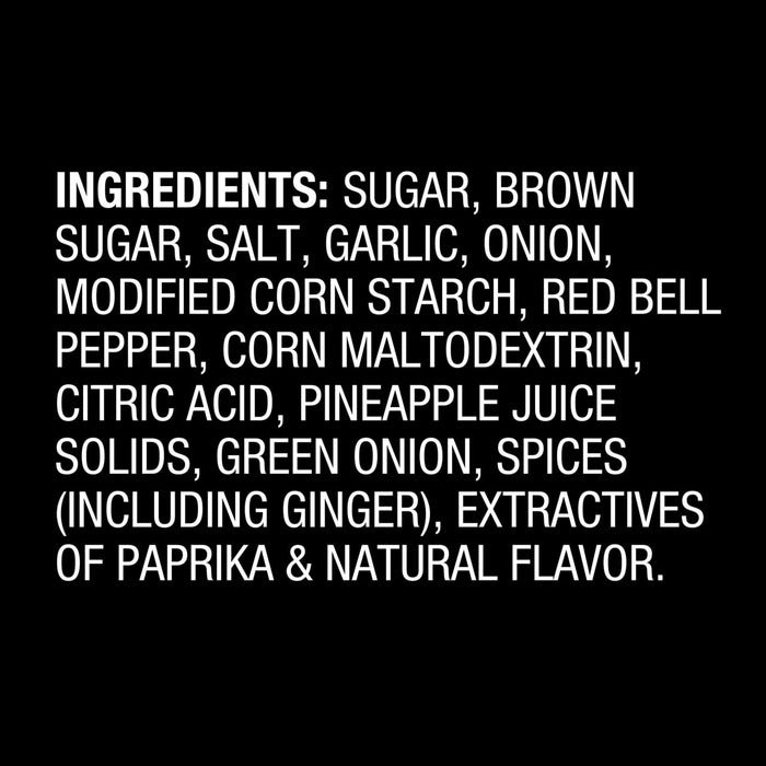 The image displays a list of ingredients including sugar brown sugar salt garlic onion modified corn starch red bell pepper corn maltodextrin citric acid pineapple juice solids green onion spices (including ginger) extractives of paprika and natural flavor.