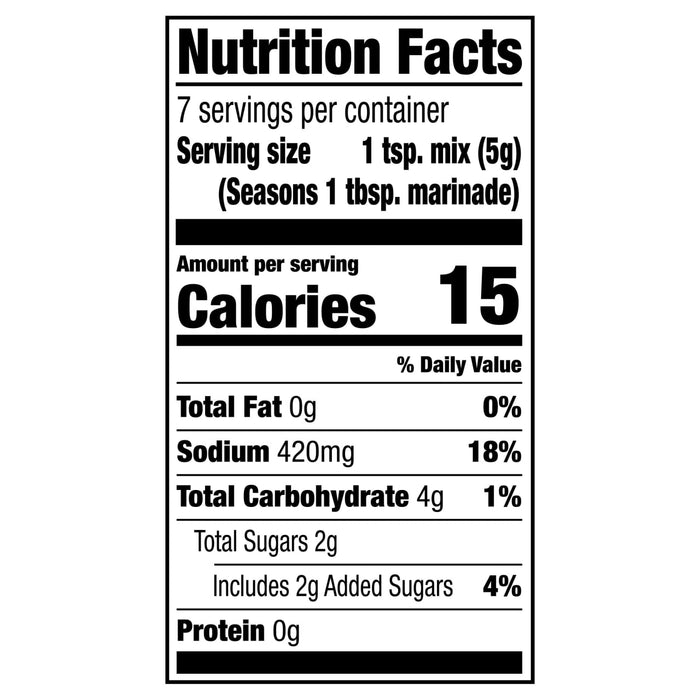 Nutrition facts label for a seasoning mix with 15 calories per serving.