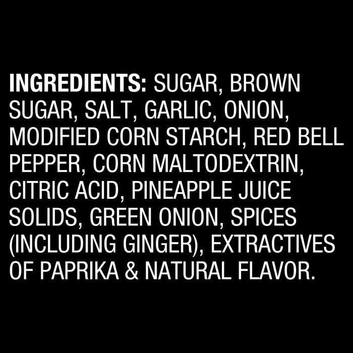 A list of ingredients for a product, including sugar, salt, garlic, onion, and spices.
