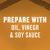The image displays the text PREPARE WITH OIL VINEGR &amp; SOY SAUCE in bold white letters against an orange background suggesting ingredients for a recipe.