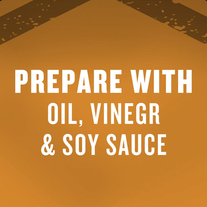 The image displays the text PREPARE WITH OIL VINEGR &amp; SOY SAUCE in bold white letters against an orange background suggesting ingredients for a recipe.