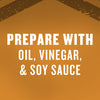 The image displays the text PREPARE WITH OIL, VINEGR &amp; SOY SAUCE in bold white letters against an orange background, suggesting ingredients for a recipe.