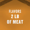 The image displays the text FLAVORS 2 LB OF MEAT in white against an orange background likely advertising a meat product.