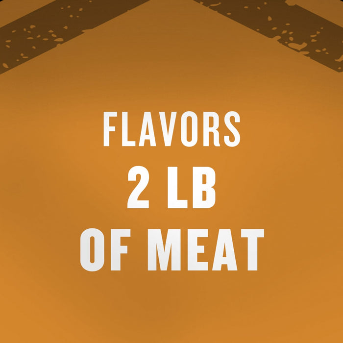 The image displays the text FLAVORS 2 LB OF MEAT in white against an orange background likely advertising a meat product.