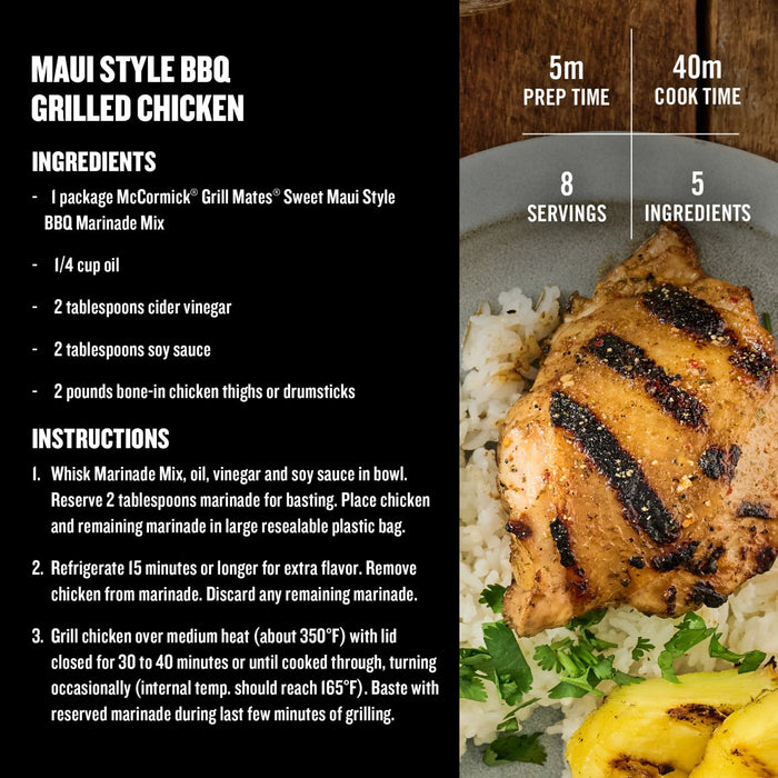 This image shows a recipe for Hawaiian BBQ Grilled Chicken Thighs using McCormick Grill Mates Hawaiian Style BBQ Marinade Mix, with a list of ingredients and instructions.