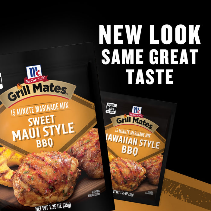 This advertisement highlights the packaging update for Mccormick Grill Mates Hawaiian Style Bbq Meat Marinade Mix 1.25 Oz, showing the old Sweet Maui Style BBQ packet next to the new one with the slogan New Look, Same Great Taste.