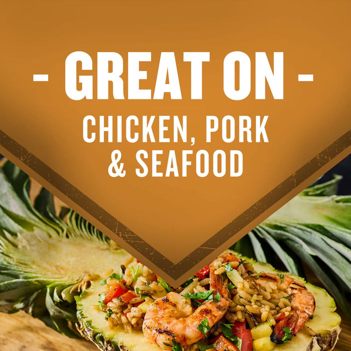 A pineapple filled with rice and grilled shrimp is featured with the text Great on Chicken Pork &amp; Seafood overlaid on a brown banner.