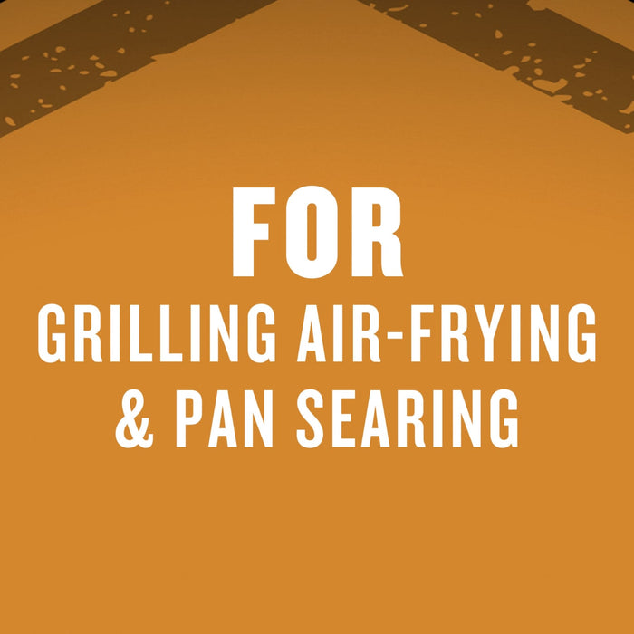 The image displays the text FOR GRILLING AIR-FRYING &amp; PAN SEARING in bold white letters against an orange background suggesting the product\s versatility in cooking methods.