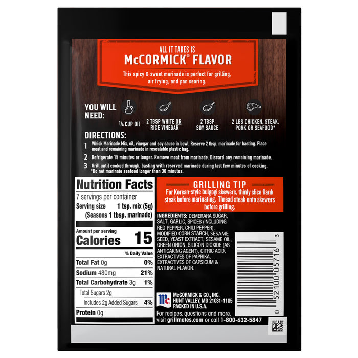 A package of Mccormick Grill Mates Asian Bbq Meat Marinade Mix 1.25 Oz, detailing its ingredients, nutrition facts, and preparation instructions.