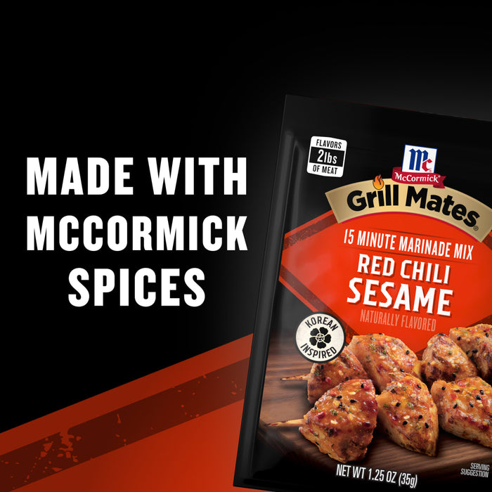 A package of McCormick Grill Mates Asian BBQ 15 Minute Marinade Mix, made with McCormick spices.