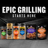 This image features an assortment of McCormick Grill Mates seasonings and marinades including Roasted Garlic &amp; Herb Butcher Sweet &amp; Smoky Rub Montreal Steak Asian BBQ and Brown Sugar Bourbon under the text Epic Grilling Starts Here.