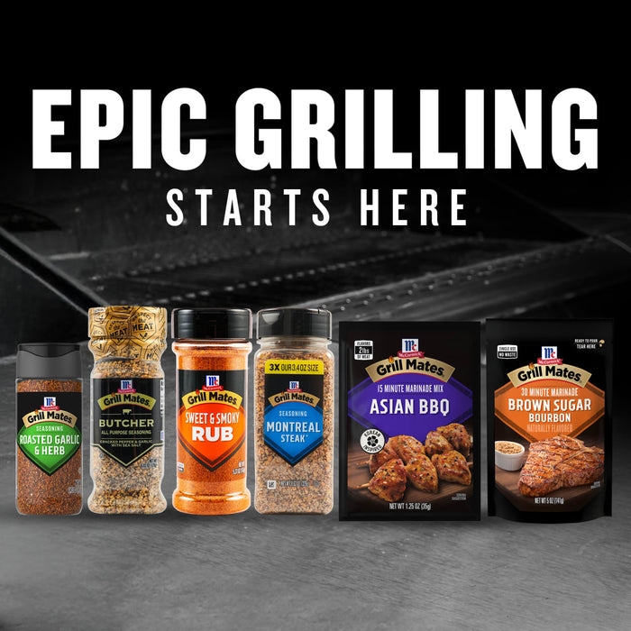 This image features an assortment of McCormick Grill Mates seasonings and marinades including Roasted Garlic &amp; Herb Butcher Sweet &amp; Smoky Rub Montreal Steak Asian BBQ and Brown Sugar Bourbon under the text Epic Grilling Starts Here.