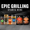 This image features an assortment of McCormick Grill Mates seasonings and marinades, including Roasted Garlic &amp; Herb, Butcher, Sweet &amp; Smoky Rub, Montreal Steak, Asian BBQ, and Brown Sugar Bourbon, under the text Epic Grilling Starts Here.