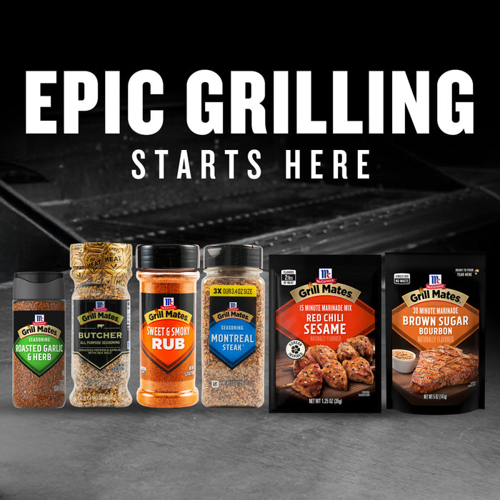 This image features an assortment of McCormick Grill Mates seasonings and marinades, including Roasted Garlic &amp; Herb, Butcher, Sweet &amp; Smoky Rub, Montreal Steak, Asian BBQ, and Brown Sugar Bourbon, under the text Epic Grilling Starts Here.