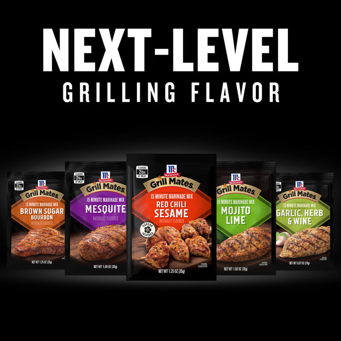 This image features McCormick Grill Mates 15-minute marinade mix in a variety of flavors, including Brown Sugar Bourbon, Mesquite, Asian BBQ, Mojito Lime, and Garlic Herb &amp; Wine.