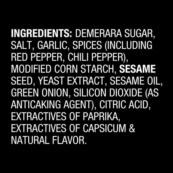 The image shows a list of ingredients including sugar brown sugar salt garlic onion modified corn starch red bell pepper corn maltodextrin citric acid pineapple juice solids green onion spices (including ginger) extractives of paprika &amp; natural flavor.
