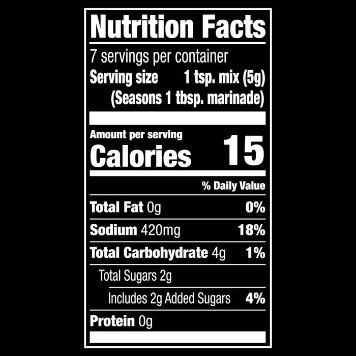 Nutrition facts label showing that one serving contains 15 calories 0g of fat 420mg of sodium 4g of carbohydrates 2g of sugars and 0g of protein.