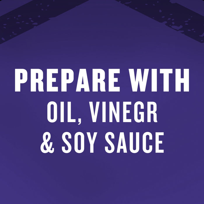 The image displays the text PREPARE WITH OIL VINEGR &amp; SOY SAUCE in bold white letters against a purple background.