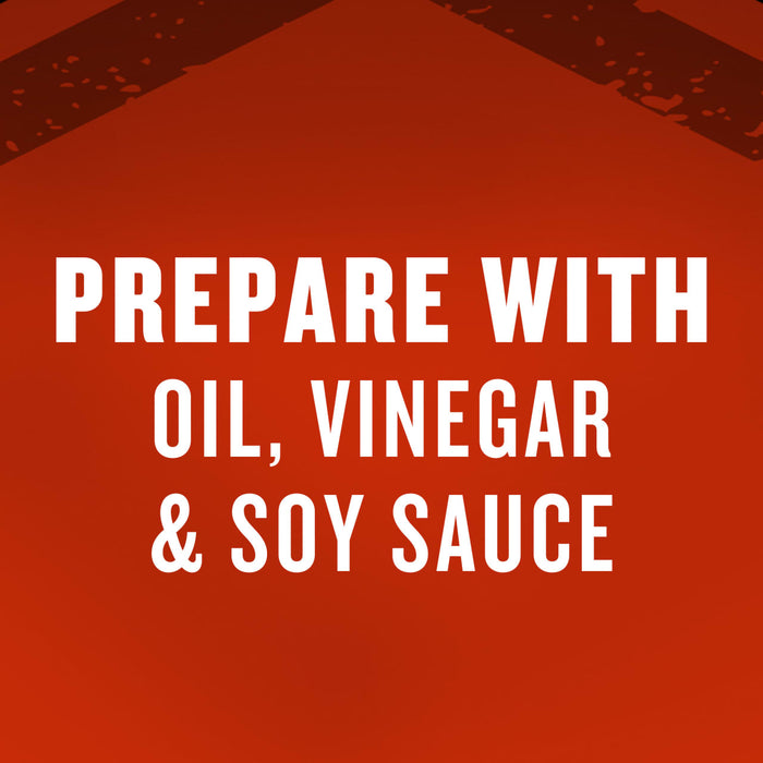 The image displays the text PREPARE WITH OIL, VINEGR &amp; SOY SAUCE in bold white letters against a purple background.