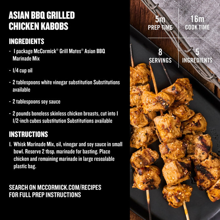 This image features a recipe for Asian BBQ Grilled Chicken Kabobs highlighting McCormick Grill Mates Asian BBQ Marinade Mix as a key ingredient.