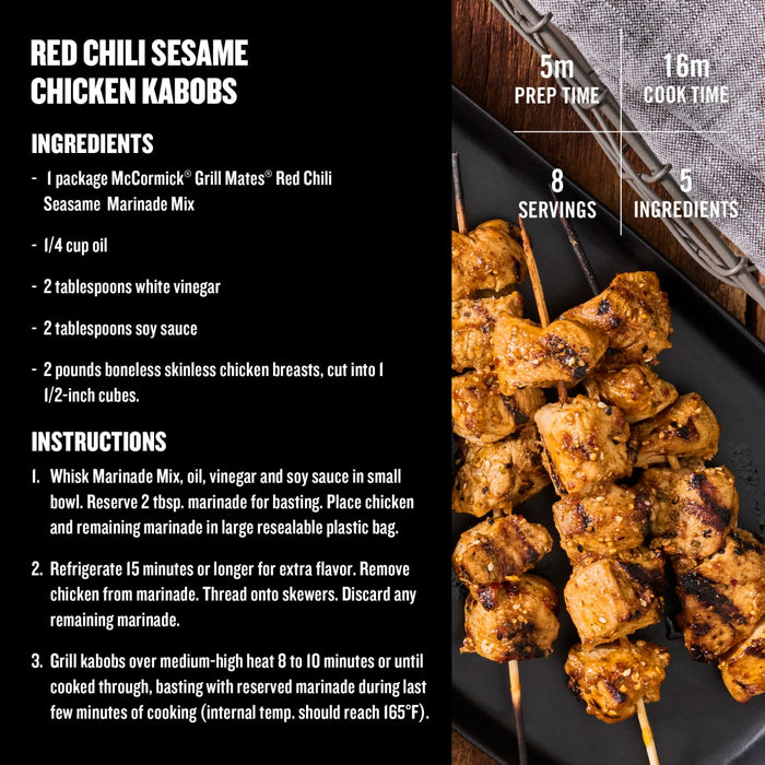 This image features a recipe for Asian BBQ Grilled Chicken Kabobs, highlighting McCormick Grill Mates Asian BBQ Marinade Mix as a key ingredient.
