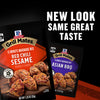 An advertisement announces a packaging update with the text New Look Same Great Taste, featuring a packet of Red Chili Sesame marinade and a packet of Mccormick Grill Mates Asian Bbq Meat Marinade Mix 1.25 Oz in front of prepared chicken skewers.