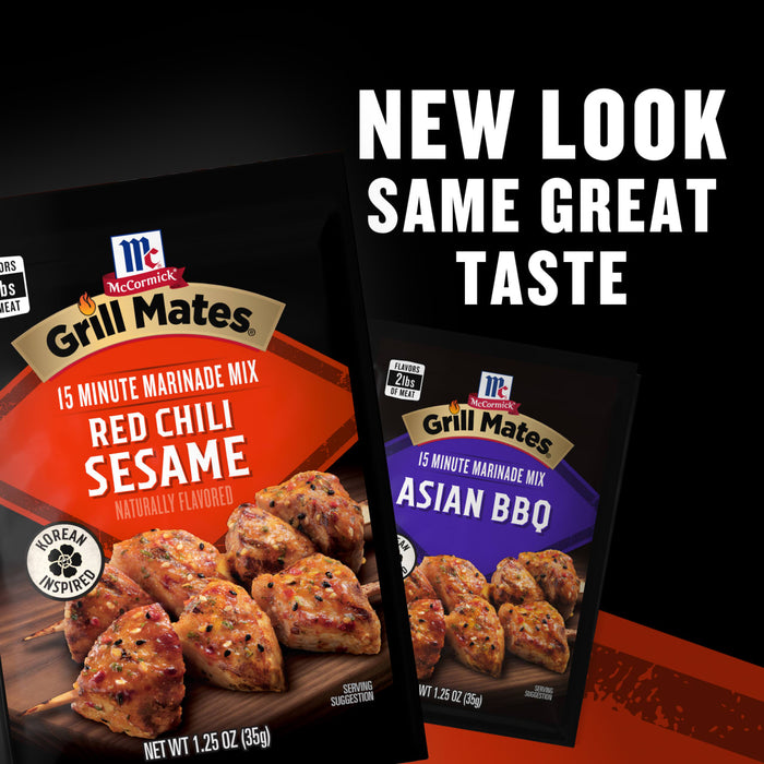 An advertisement announces a packaging update with the text New Look Same Great Taste, featuring a packet of Red Chili Sesame marinade and a packet of Mccormick Grill Mates Asian Bbq Meat Marinade Mix 1.25 Oz in front of prepared chicken skewers.