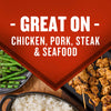 A vibrant image showcasing a variety of dishes, including chicken skewers, green beans, and rice, with the text Great On - Chicken, Pork, Steak &amp; Seafood overlaid on a purple banner.