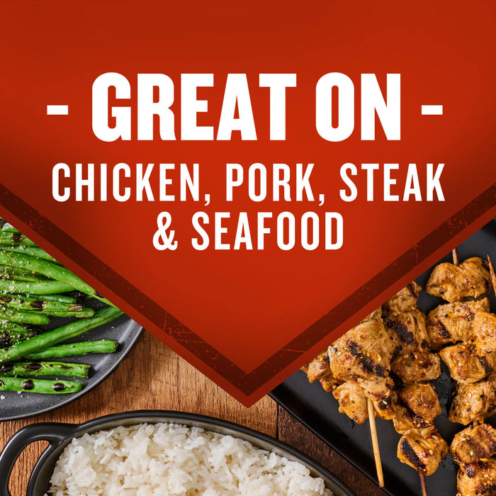A vibrant image showcasing a variety of dishes, including chicken skewers, green beans, and rice, with the text Great On - Chicken, Pork, Steak &amp; Seafood overlaid on a purple banner.