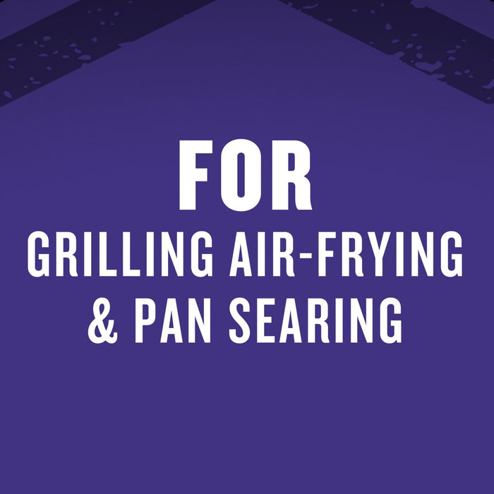 The image displays the text FOR GRILLING AIR-FRYING &amp; PAN SEARING in bold white letters against a purple background suggesting the product is suitable for various cooking methods.