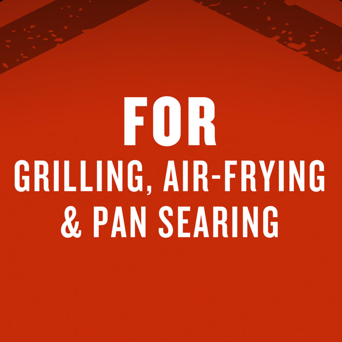 The image displays the text FOR GRILLING AIR-FRYING &amp; PAN SEARING in bold white letters against a purple background, suggesting the product is suitable for various cooking methods.