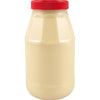 A large plastic jar with a red lid filled with mayonnaise.