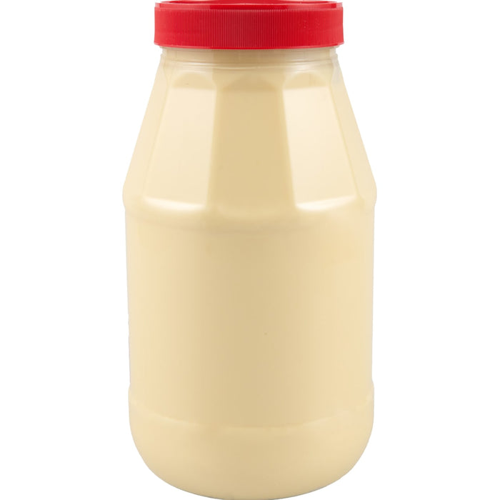 A large plastic jar with a red lid filled with mayonnaise.