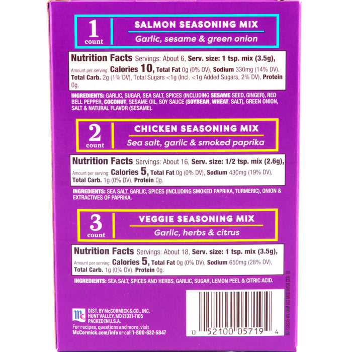 McCormick Seasoning Mix box with three different flavors: Salmon Chicken and Veggie.