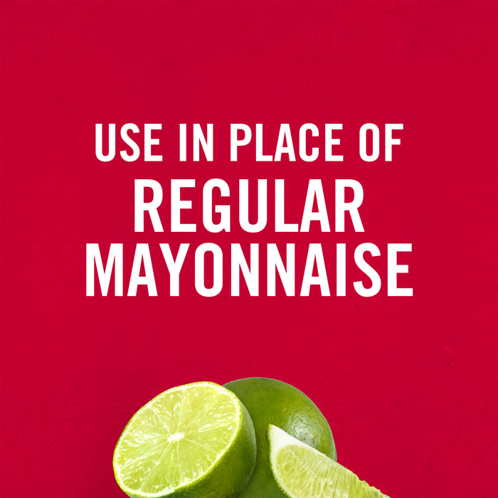 ['White text on a red background that says Use in place of regular mayonnaise with limes in the bottom right corner.']