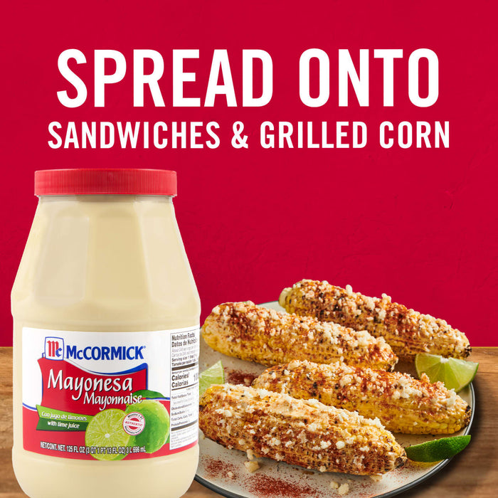 ['A jar of McCormick Mayonesa with grilled corn on the side.']