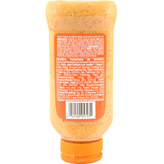 ['A back view of a McCormick Chipotle Ranch Dressing bottle with nutrition facts and ingredients listed.']
