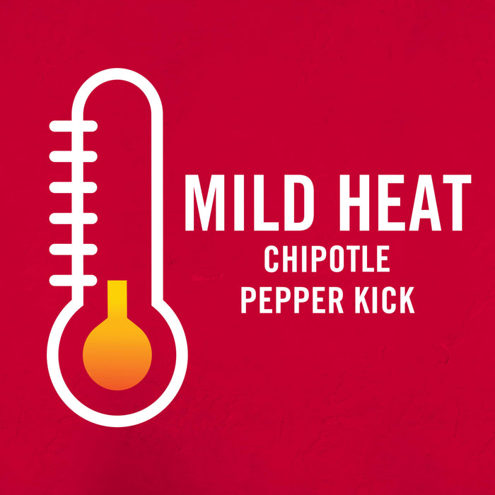 ['A white thermometer with a red bulb on a red background with the text Mild Heat Chipotle Pepper Kick in white.']