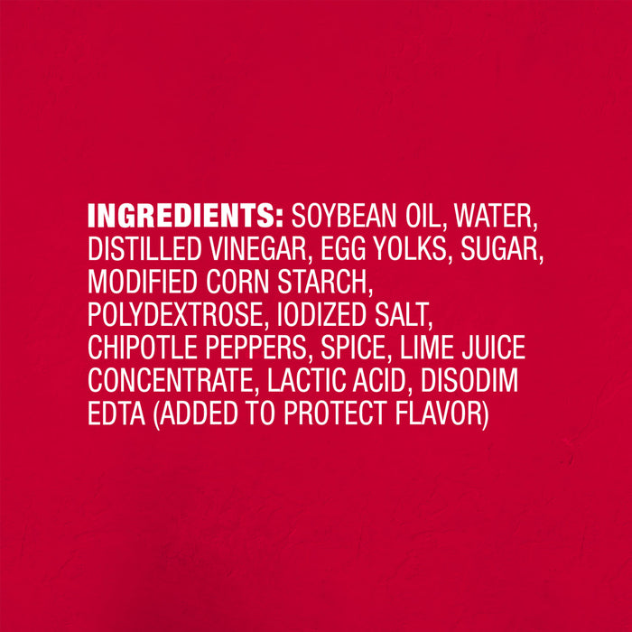 ['A list of ingredients for a product, including soybean oil, water, distilled vinegar, egg yolks, sugar, modified corn starch, polydextrose, iodized salt, chipotle peppers, spice, lime juice concentrate, lactic acid, disodium EDTA (added to protect flavor).']